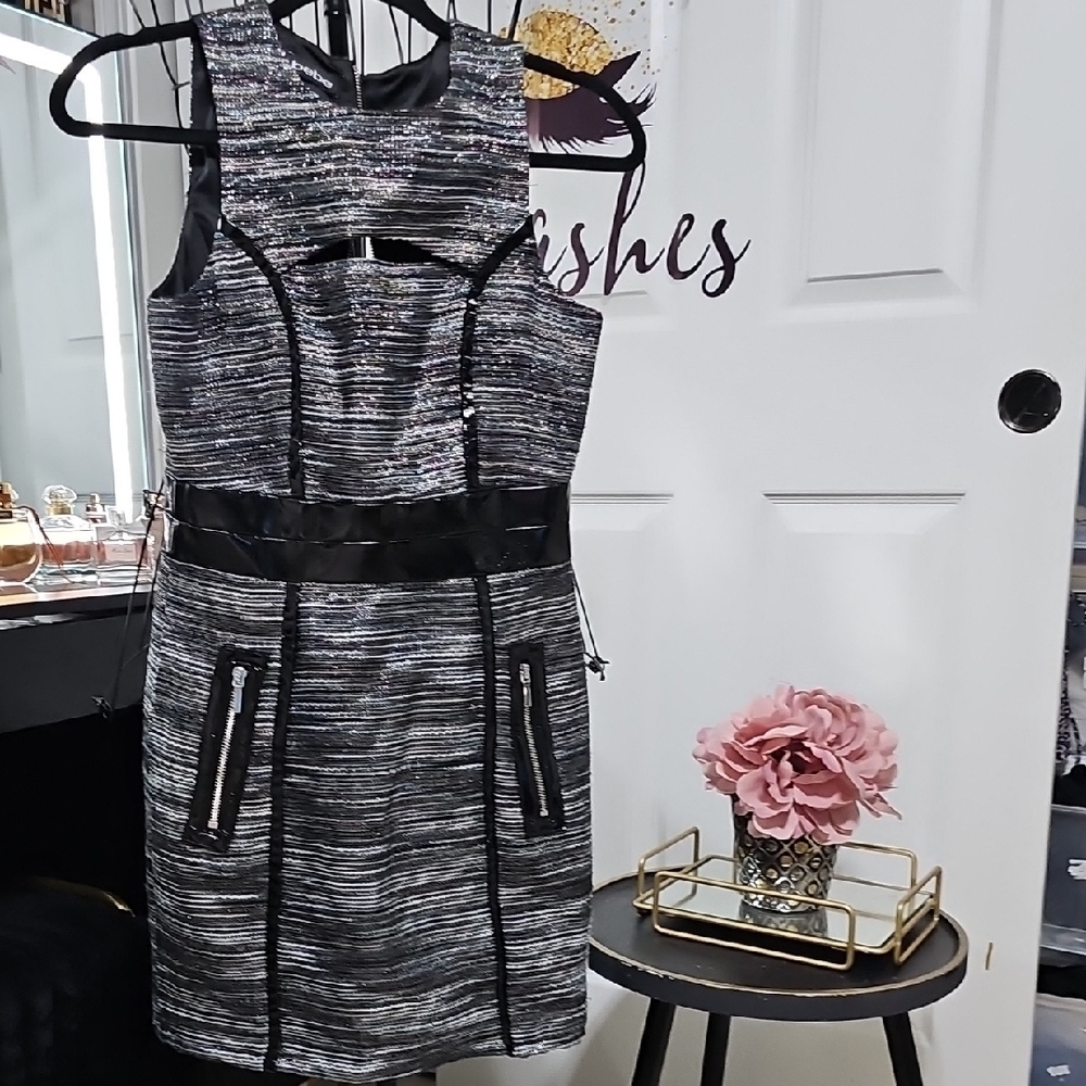bebe Black and Silver Striped Mini Dress